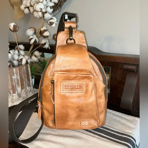 NWOT Bed Stu Leather Beau Unisex Backpack Sling Bag Tan Rustic MSRP $260 - Picture 1 of 12